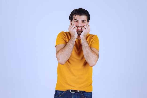 Man in yellow shirt looks scared and thrilled.