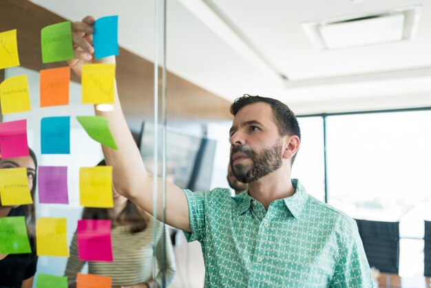 Manager planning over adhesive notes with team in office