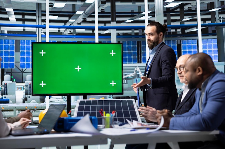 Free Photo manager presents solar panels materials to investors using chroma key monitor