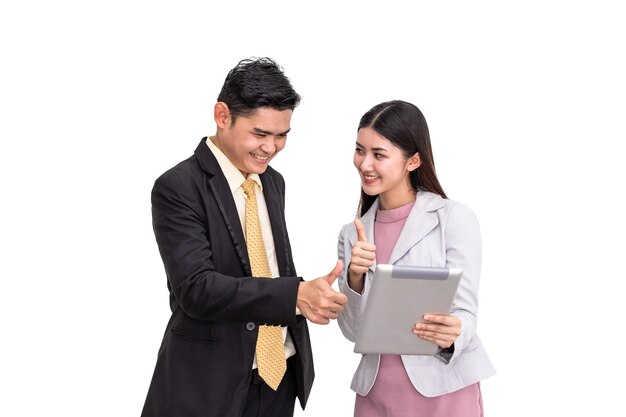 Manager and secretary discussing and working thumb up on white background