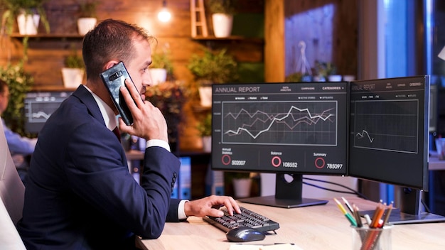 The manager speaks on the phone while analyzing some graphics on the monitor. Two screens