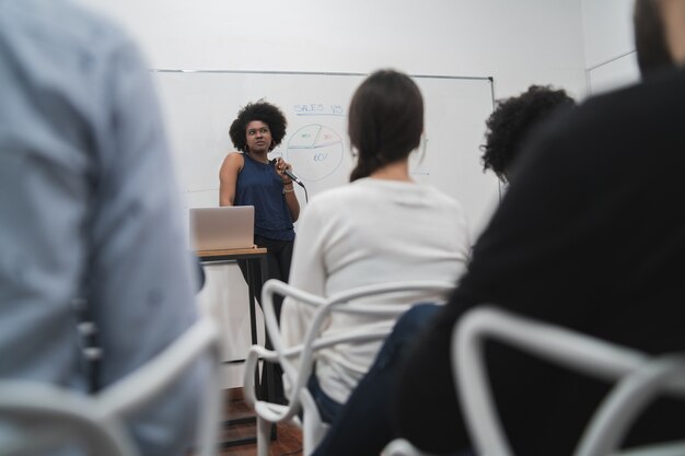 Manager woman leading a brainstorming meeting with a group of creative designers in the office. Leader and business concept