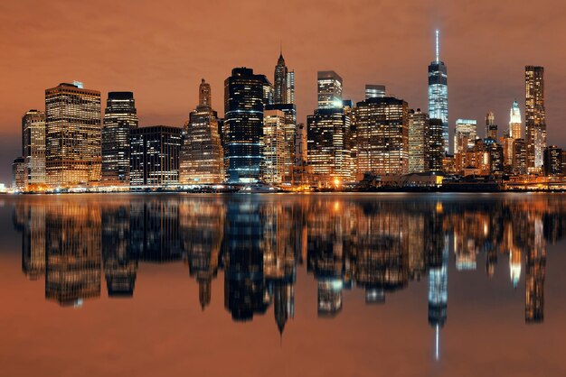 Manhattan Downtown architecture night with reflections