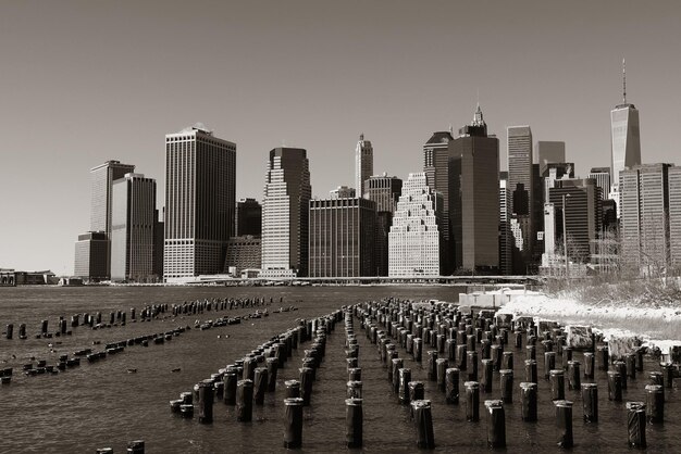 Manhattan downtown skyline with abandoned pier.