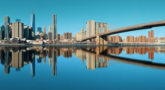 Финансовый район Манхэттена с небоскребами и отражением Бруклинского моста.