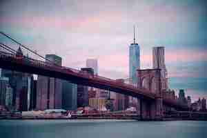 Free photo manhattan financial district with skyscrapers and brooklyn bridge.