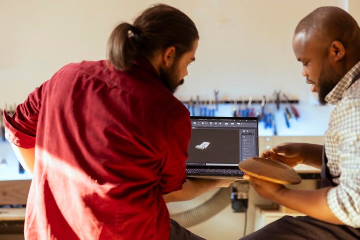 Free Photo manufacturer and coworker designing custom 3d furniture on notebook in studio