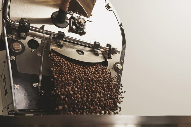 Многие горячие свежеиспеченные кофейные зерна падают с лучшего профессионального обжарщика кофе.