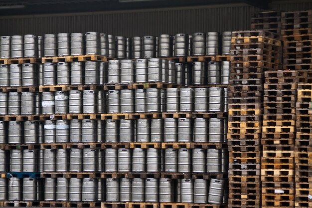 Many metal kegs of beer