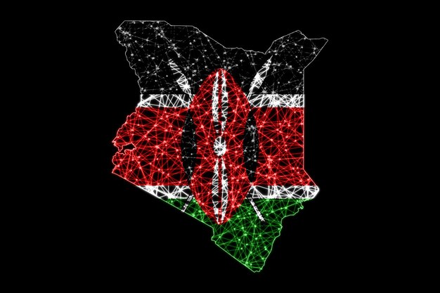 Map of Kenya, Polygonal mesh line map, flag map