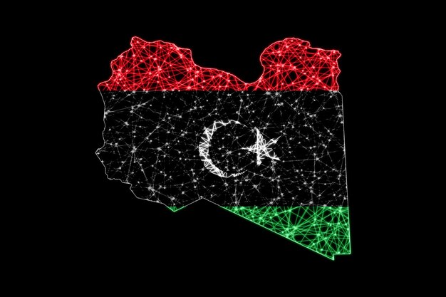 リビアの地図、ポリゴンメッシュラインマップ、旗マップ