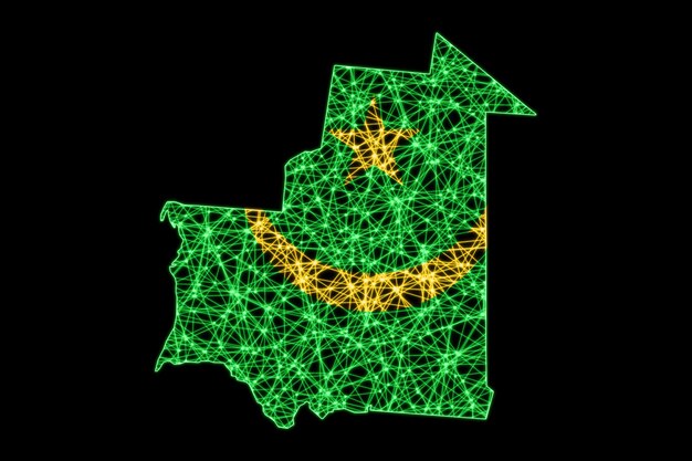 モーリタニアの地図、ポリゴンメッシュラインマップ、旗マップ