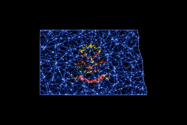 ノースダコタ州の地図、ポリゴンメッシュラインマップ、旗マップ