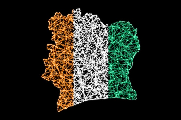 무료 사진 코트디부아르 지도, 다각형 메쉬 라인 맵, 플래그 맵