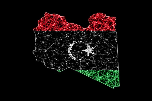 무료 사진 리비아 지도, 다각형 메쉬 라인 맵, 플래그 맵