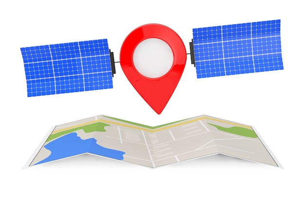 Map pointer pin as satelite over folded abstract navigation map on a white background. 3d rendering