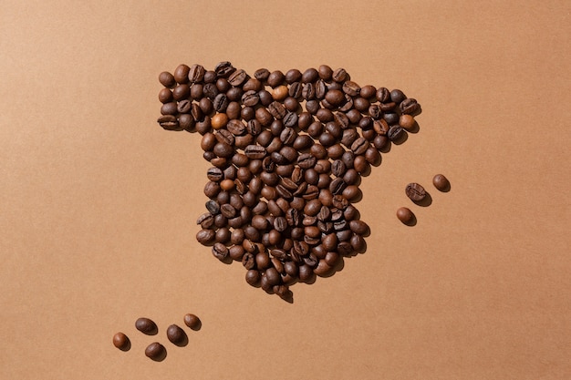 茶色の表面にコーヒー豆で作られたスペインの地図