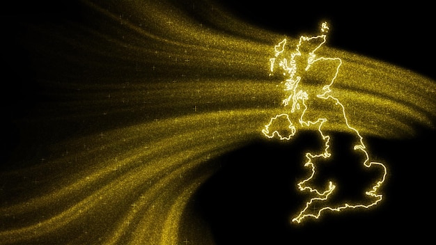 Map Of United Kingdom, Gold Glitter Map On Dark Background