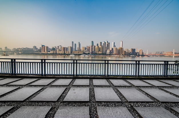 Marble platform in front of the city skyline