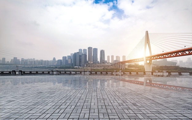 Marble platform in front of the city skyline