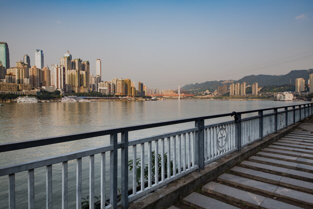 Marble platform in front of the city skyline