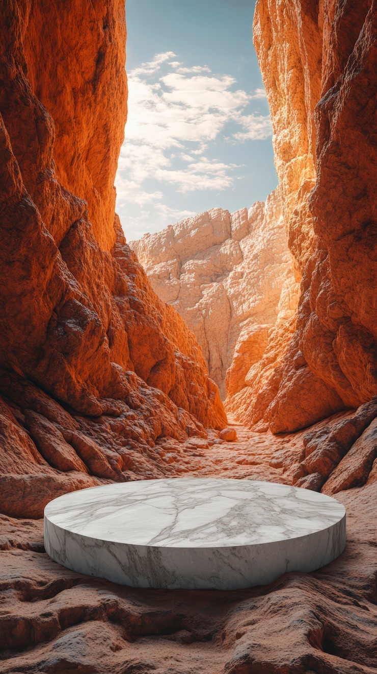 Free Photo marble podium for product showcase with scenery background