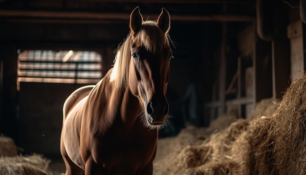 Mare grazes in meadow sunlight highlights mane generated by AI