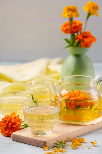 Marigold, Lemon, Honey Herbal Tea Treatment concept.