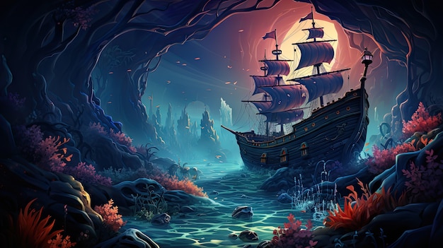 Free photo marine landscape in cartoon style with ship