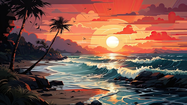Морской пейзаж в мультяшном стиле с закатом