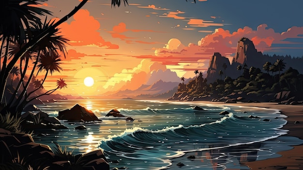 Marine landscape in cartoon style with sunset