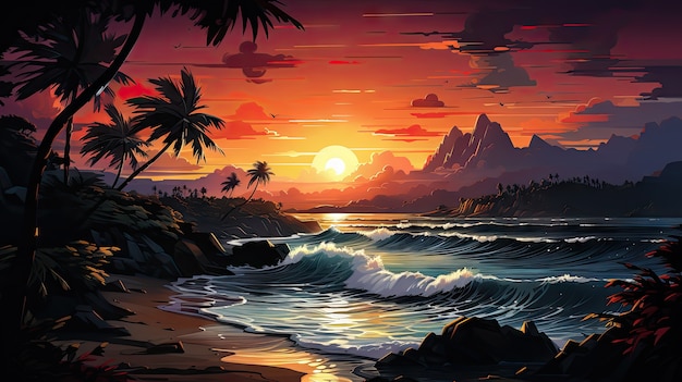 Marine landscape in cartoon style with sunset