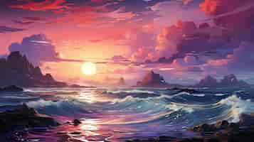 Free photo marine landscape in cartoon style with sunset