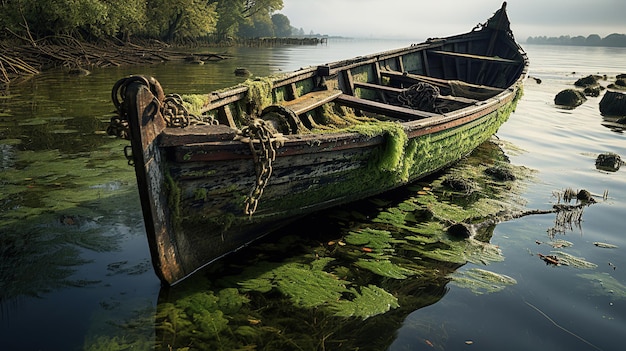 海上遺物 古い船は緑の藻類で海とのつながりを示しています
