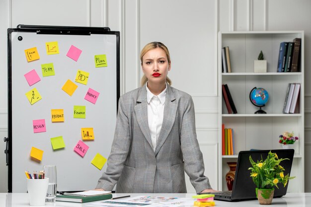 Маркетинговая довольно милая молодая бизнес-леди в сером костюме в офисе стоит на месте очень злая