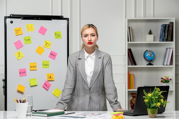 Marketing pretty cute young business lady in grey suit in the office standing still very angry