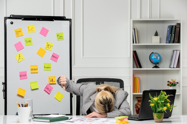 Marketing pretty young blonde girl in grey suit in the office very upset and tired