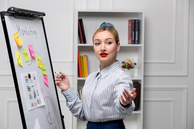 Marketing young cute business lady in striped shirt in office talking to team players
