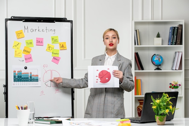 Free photo marketing young pretty cute business lady in grey blazer in office explaining pie chart