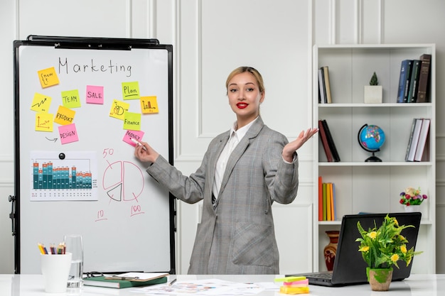 Marketing young pretty cute business lady in grey blazer in office waving hands and happy