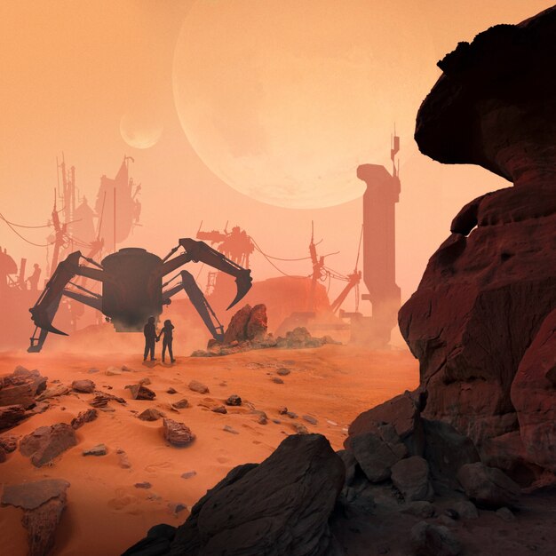 Коллаж Марса с исследователем, открывающим планету
