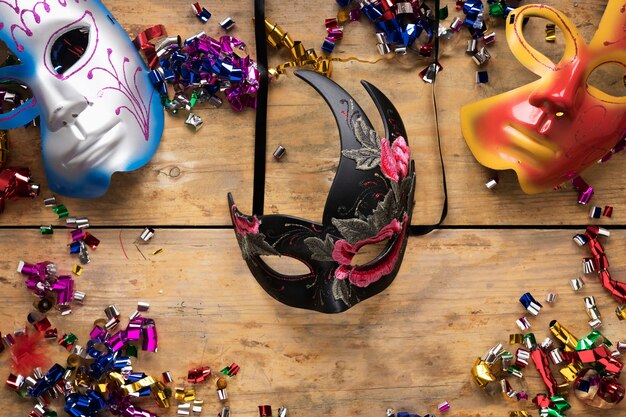 Masks and confetti composition