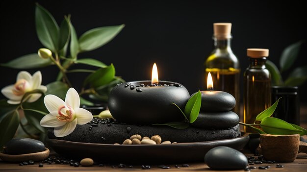 Massage table setting with white candles and black stones