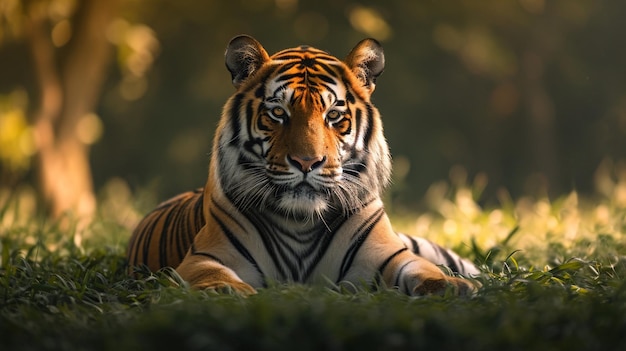 Free photo massive and powerful bengal tiger its golden fur shimmering in the dappled sunlight