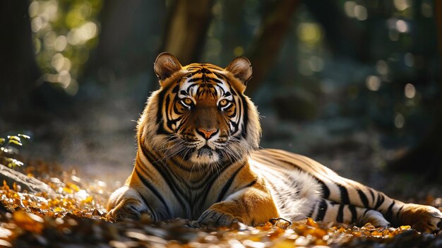 Огромный и могущественный бенгальский тигр с золотым мехом, мерцающим в пятнистом солнечном свете.