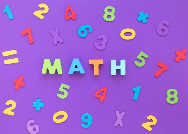 Math word and colourful numbers flat lay