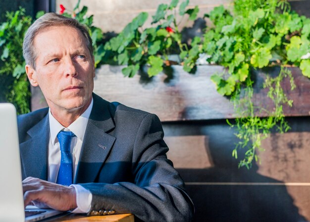 Mature businessman with laptop looking away