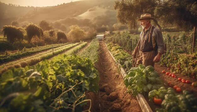 Mature farmer harvesting ripe grapes at sunset generated by AI