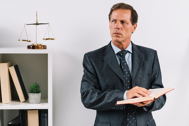 Mature male lawyer holding law book standing in the courtroom