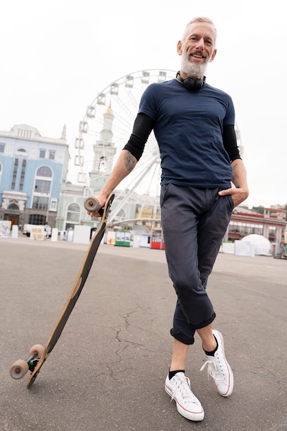 Uomo maturo con skateboard mobilità sostenibile